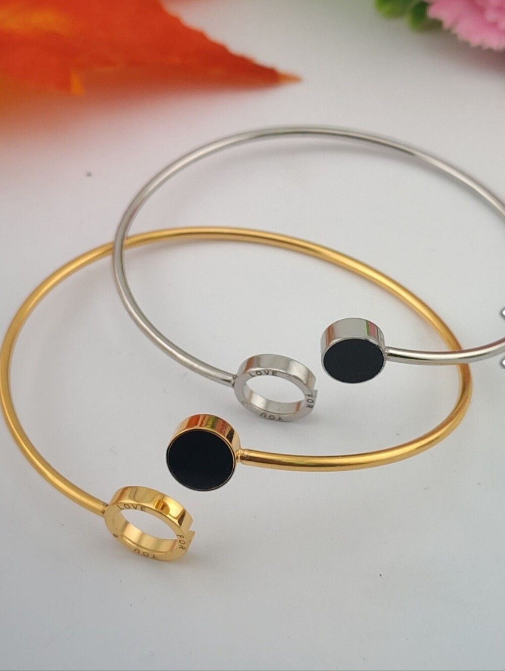Elegant Gold and Silver Bangle Bracelet Set with Black Accent - Picture 1 of 1